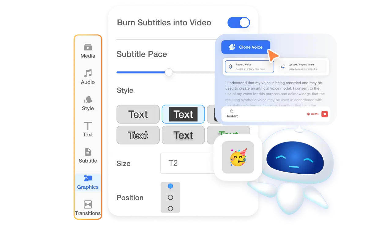 AI video editing tools in Visla’s Education Suite including subtitles, voice cloning, Ken Burns, and animated overlays